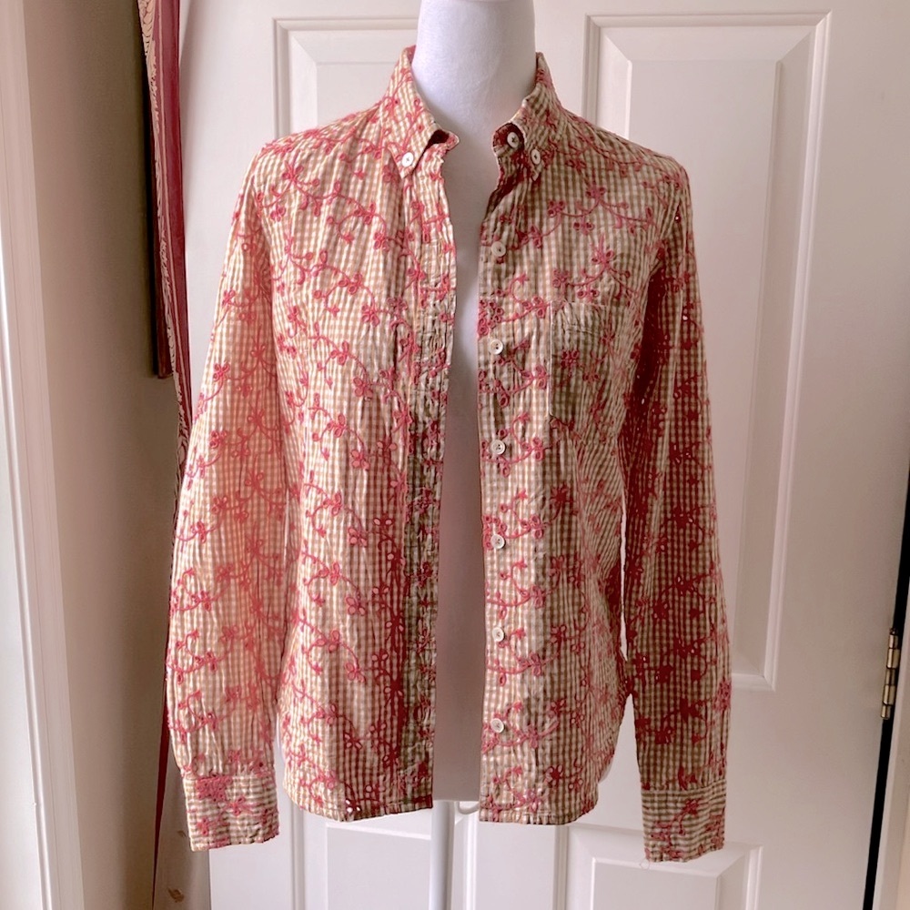 Odille by Anthropologie Shirt Embroidered Yellow/Pink Size 4